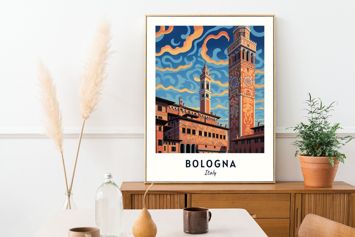 Bologna Italy Clock Towers Swirling Sky Travel Poster Home Decor - Image 2