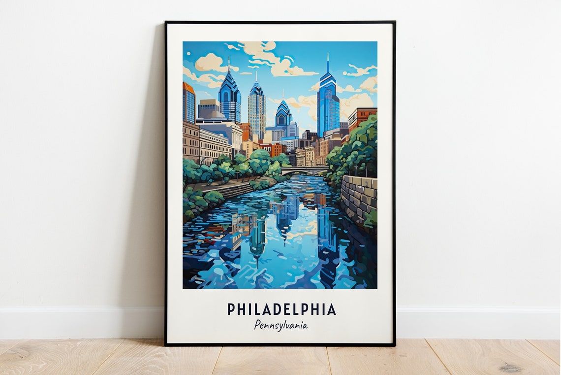 Philadelphia Pennsylvania Skyline River Reflection Travel Poster