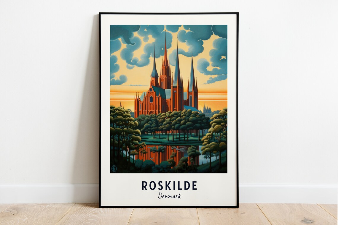Roskilde Cathedral Twin Spires Sunset Water Trees Travel Poster
