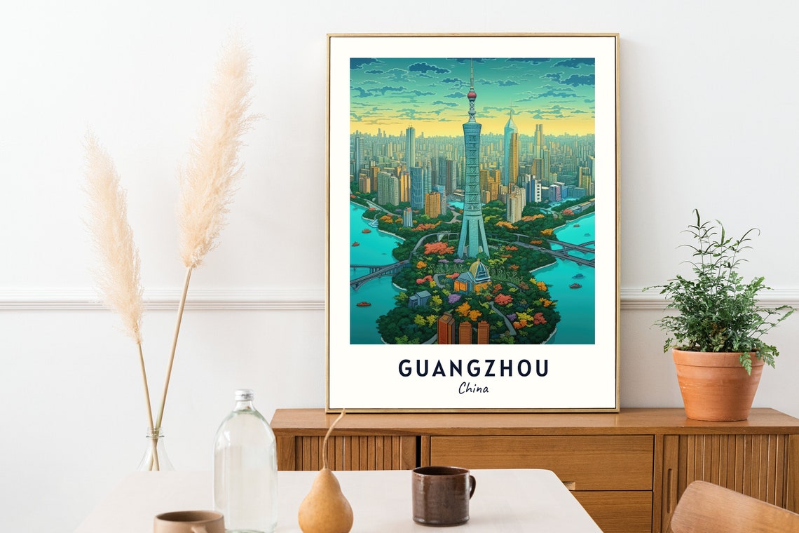 Guangzhou China Canton Tower Sunset Skyline River Travel Poster - Image 2