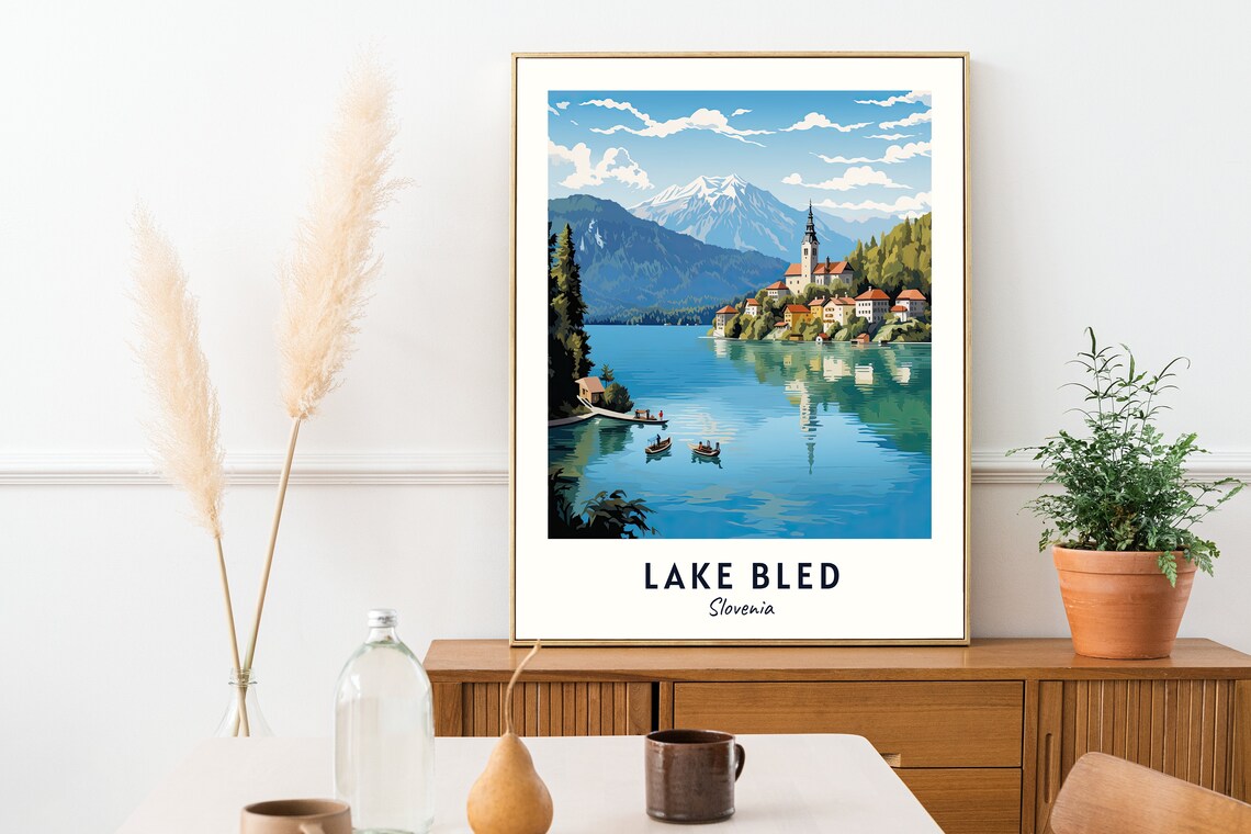 Lake Bled Slovenia Church Village Boats Mirror Lake Travel Poster - Image 2