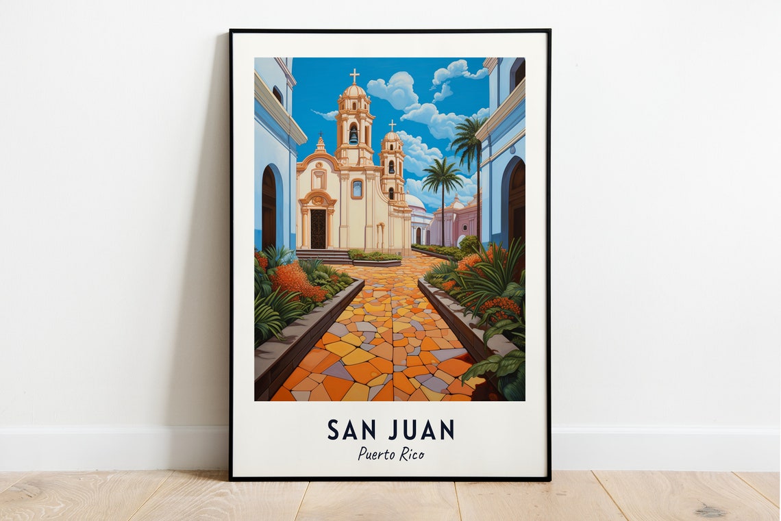 San Juan Puerto Rico Cathedral Courtyard Palm Trees Travel Poster