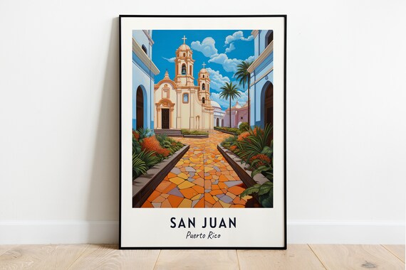 San Juan Puerto Rico Cathedral Courtyard Palm Trees Travel Poster