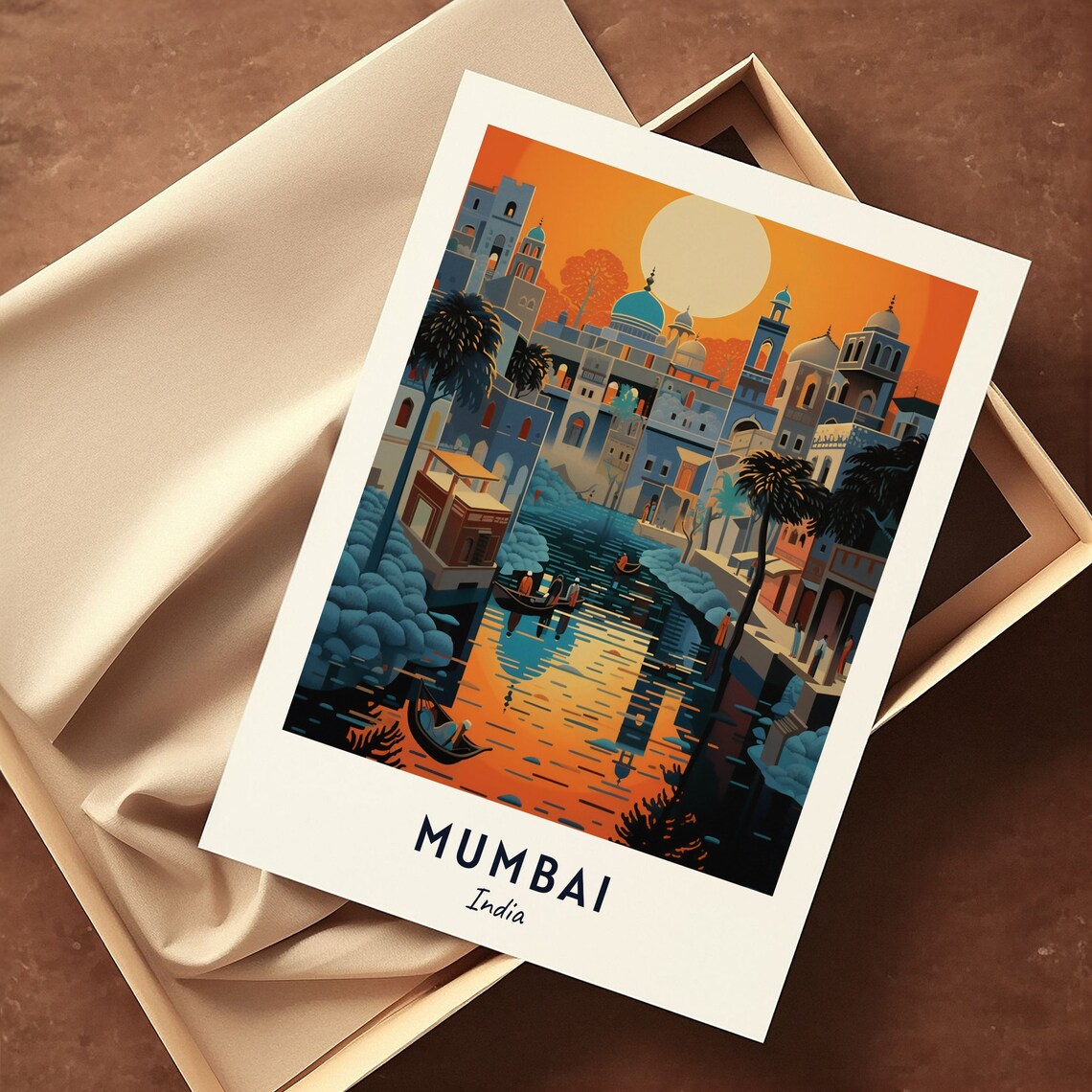 Mumbai India Sunset River Boats Palms Orange Sky Travel Poster - Image 3