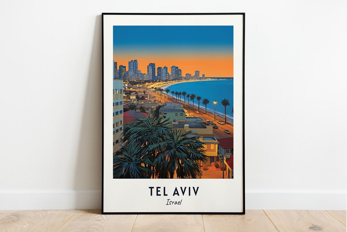 Tel Aviv Israel Coastline Dusk City Lights Mediterranean Travel Poster