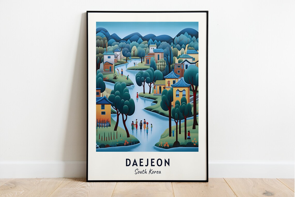 Daejeon South Korea Folk Art Village Riverside Houses Hills Travel Poster