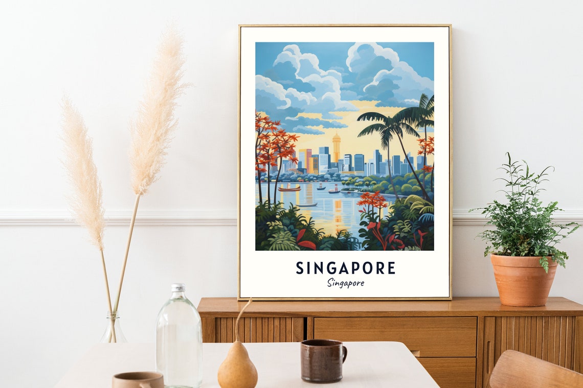 Singapore Skyline Over Water Framed By Palms Tropical City Poster - Image 2