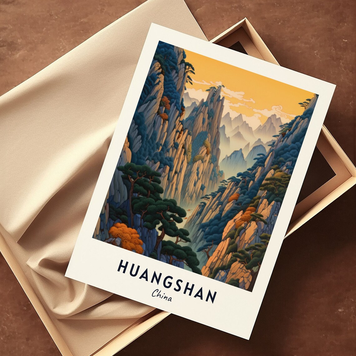 Huangshan China Yellow Mountain Peaks Pines Sunset Valley Travel Poster - Image 3