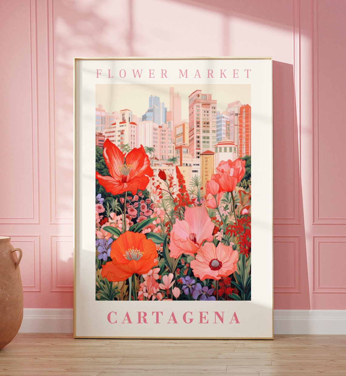 Cartagena Flower Market Tropical Poppy Blooms City Travel Poster