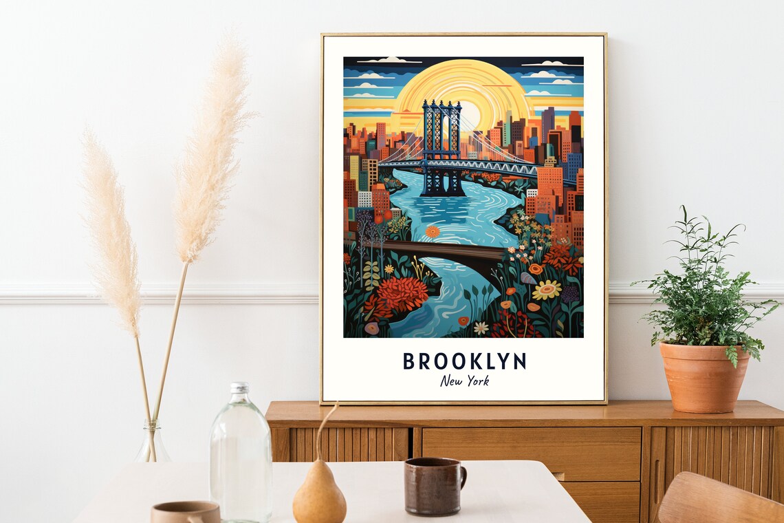 Brooklyn New York Bridge Sunset City Skyline Flowers Travel Poster - Image 2