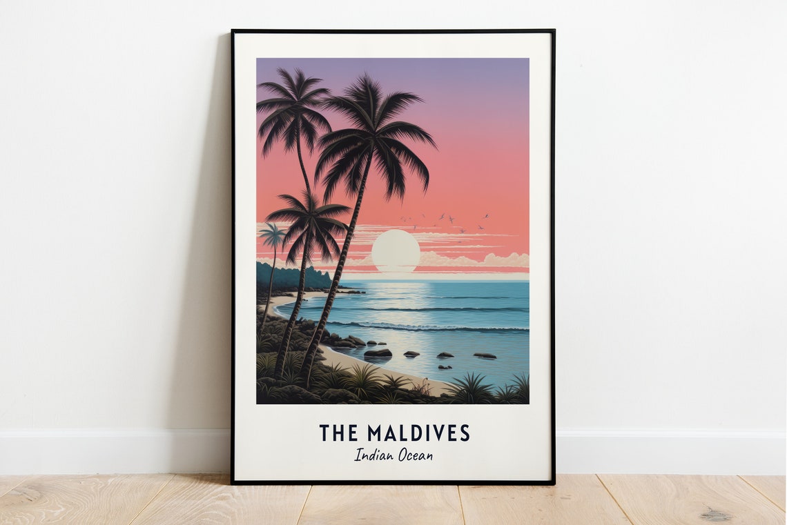 The Maldives Sunset Beach Palm Silhouettes Indian Ocean Poster