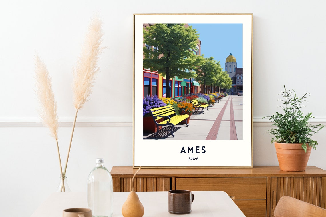 Ames Iowa Charming Flower Lined Main Street Downtown Bench Poster - Image 2