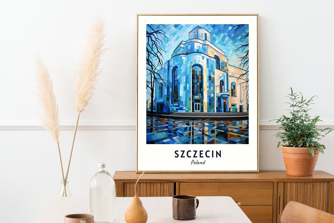 Szczecin Philharmonic Hall Blue Glass Facade Night Travel Poster - Image 2