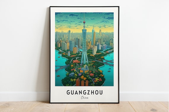 Guangzhou China Canton Tower Sunset Skyline River Travel Poster