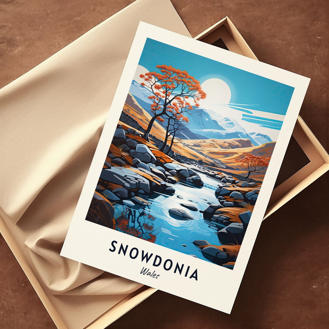 Snowdonia Wales Autumn Stream Orange Trees Mountain Sun Travel Poster - Image 3