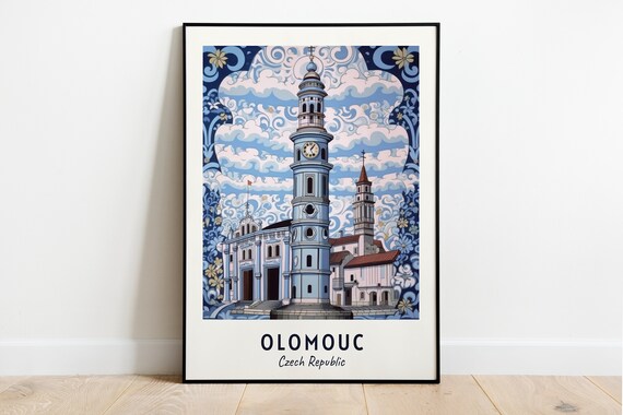 Olomouc Czech Republic Blue Clock Tower Ornate Swirling Sky Art Print