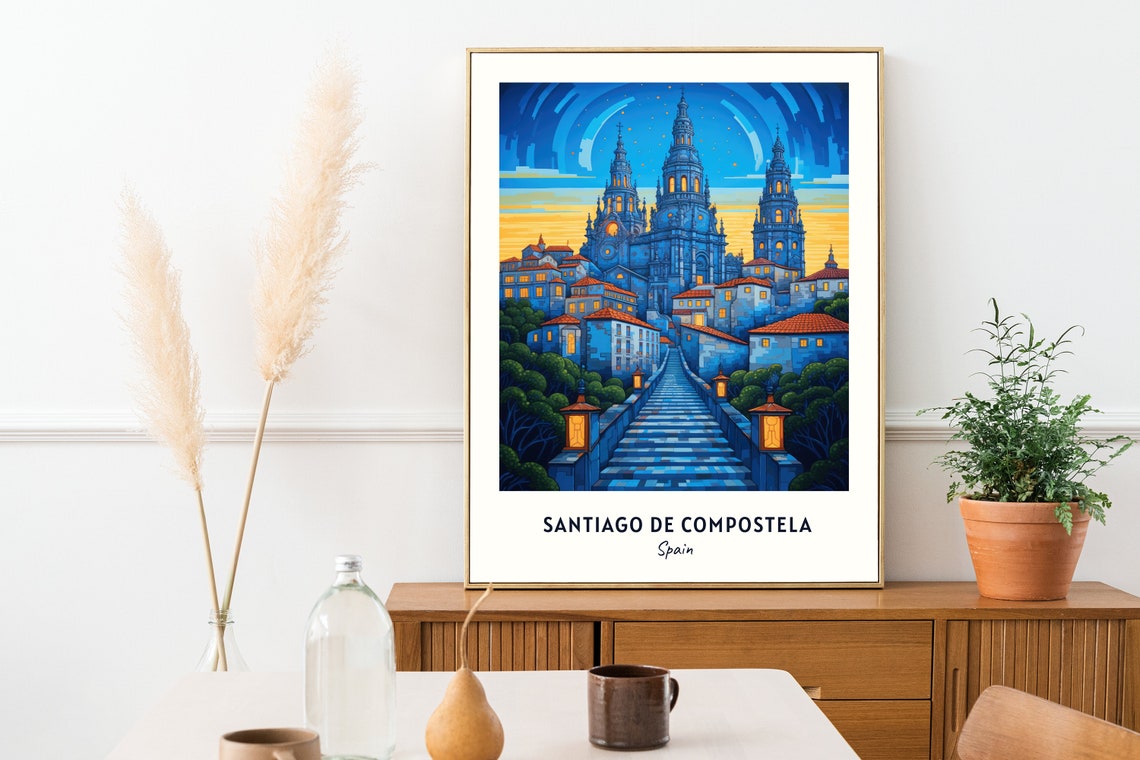 Santiago de Compostela Spain Night Cathedral Stairway Poster - Image 2