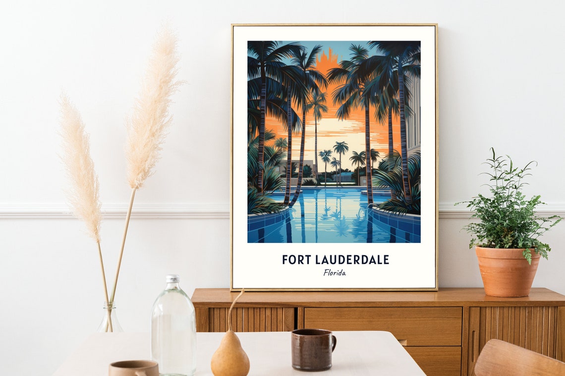 Fort Lauderdale Florida Sunset Pool Reflections Tall Palms Poster - Image 2