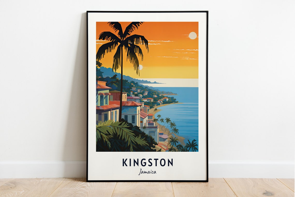 Kingston Jamaica Sunset Coastal Hillside Town Palm Tree Poster