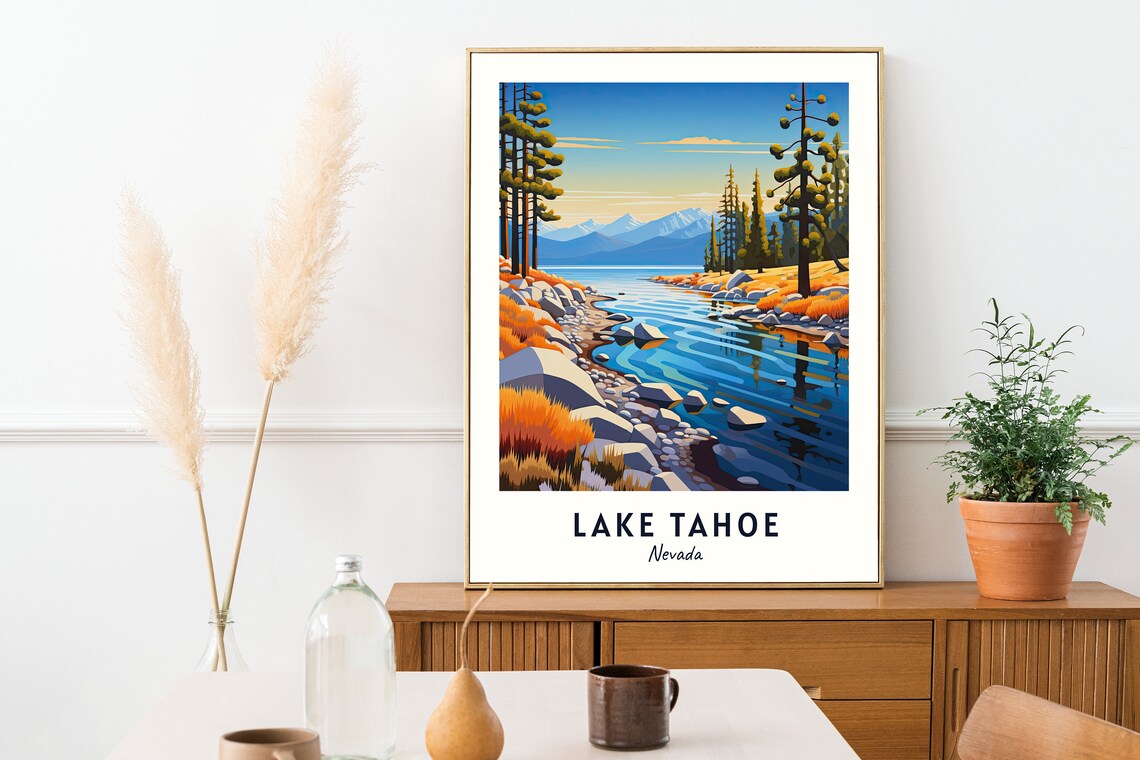 Lake Tahoe Nevada Golden Autumn Shoreline Pines Stream Travel Poster - Image 2