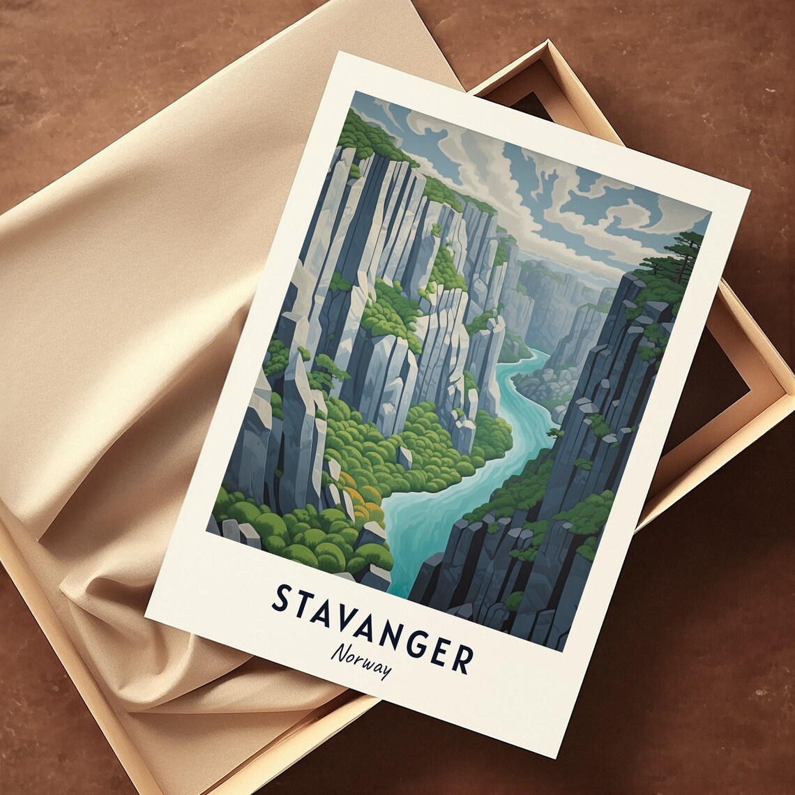 Stavanger Fjord Cliffs Winding River Canyon Pines Travel Poster - Image 3