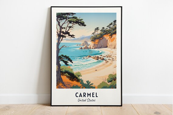 Carmel California Turquoise Cove Sandy Beach Cypress Trees Travel Poster