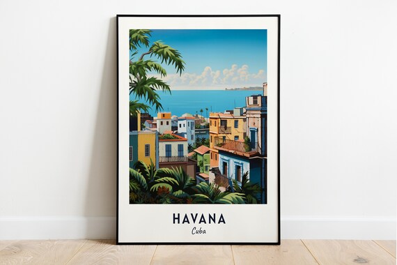 Havana Colorful Colonial Street Palms Seaside Cuba Travel Poster