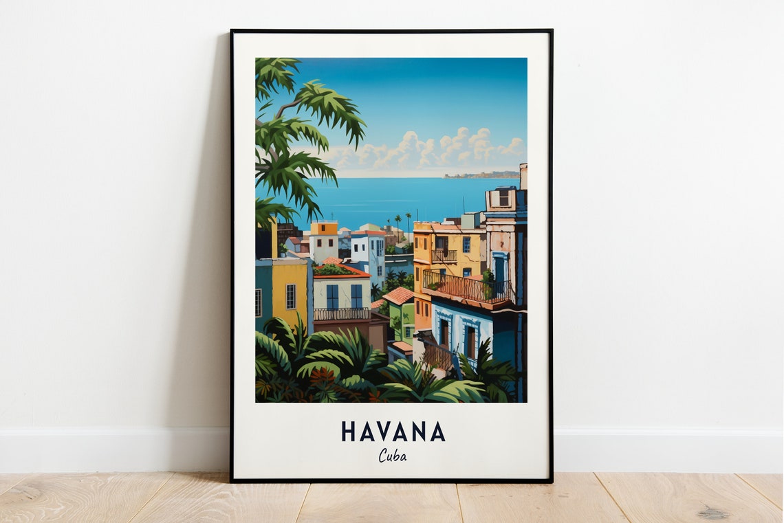 Havana Colorful Colonial Street Palms Seaside Cuba Travel Poster