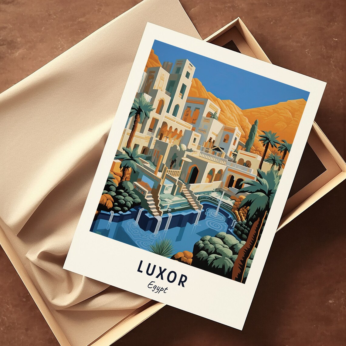 Luxor Egypt Ancient Desert City Palms Pool Golden Mountains Travel Poster - Image 3