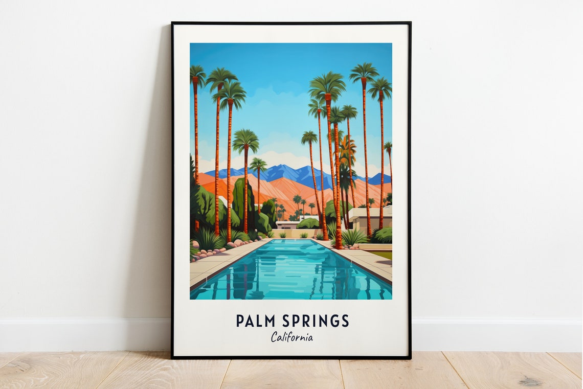 Palm Springs California Resort Pool Tall Palms Mountain View Poster