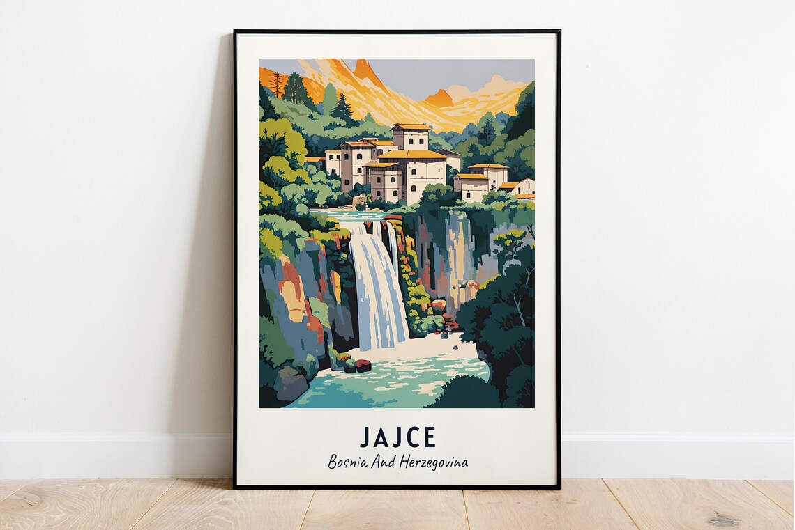 Pliva Waterfall Travel Poster, Jajce Bosnia