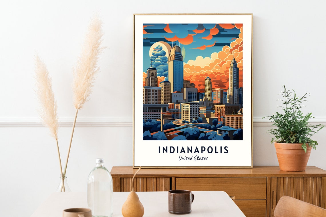 Indianapolis Downtown Skyline Dramatic Sunset Clouds Travel Poster - Image 2