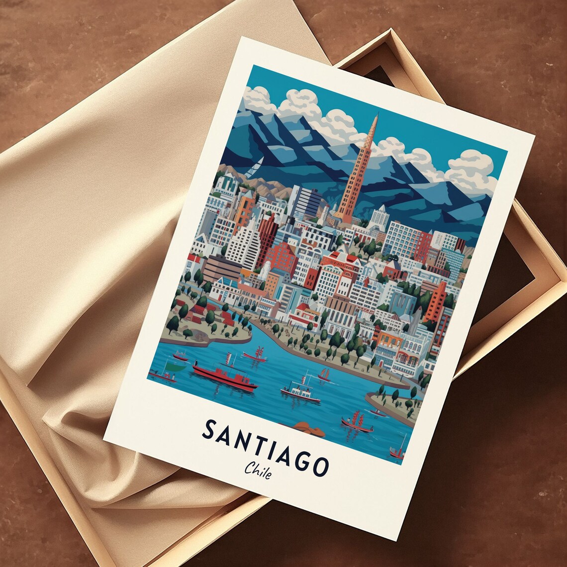 Santiago Chile Skyline Harbor Boats Andes Mountains Travel Poster - Image 3