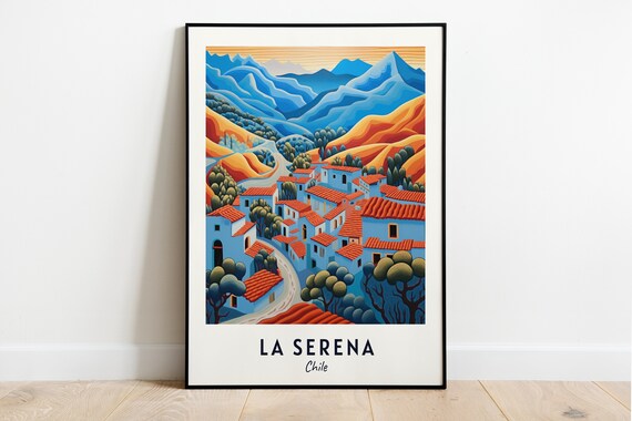 La Serena Chile Colorful Old Town Red Roofs Mountain Village Travel Poster