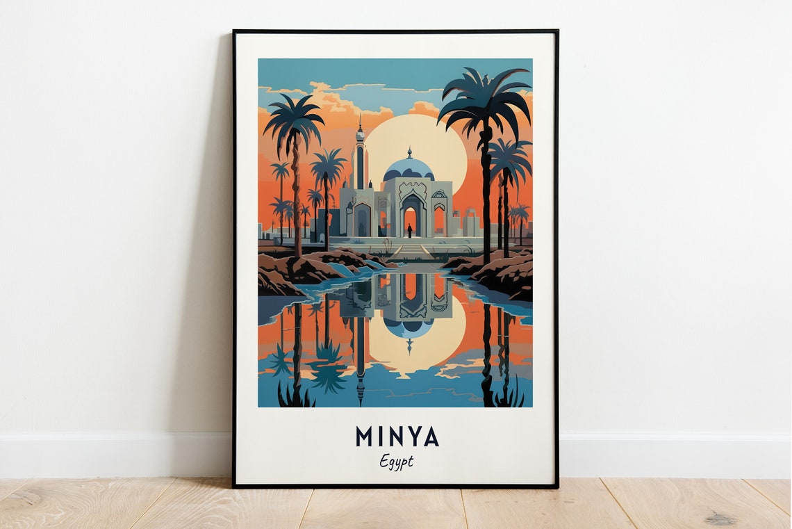 Minya Egypt Sunset Mosque Palm Trees River Reflection Poster