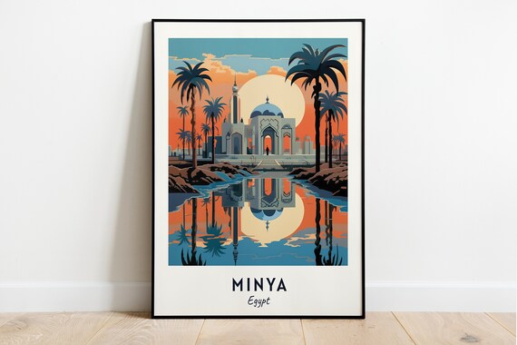 Minya Egypt Sunset Mosque Palm Trees River Reflection Poster