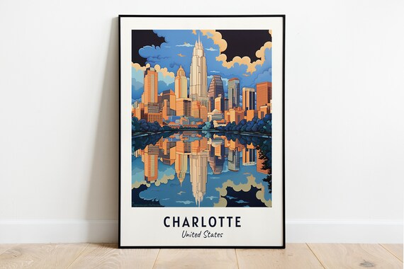 Charlotte United States Skyline Water Reflection Travel Poster