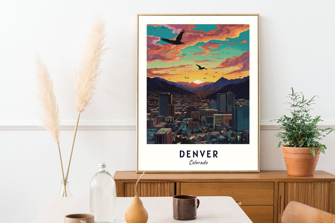 Denver Colorado Sunset Cityscape Mountain Birds Travel Poster - Image 2