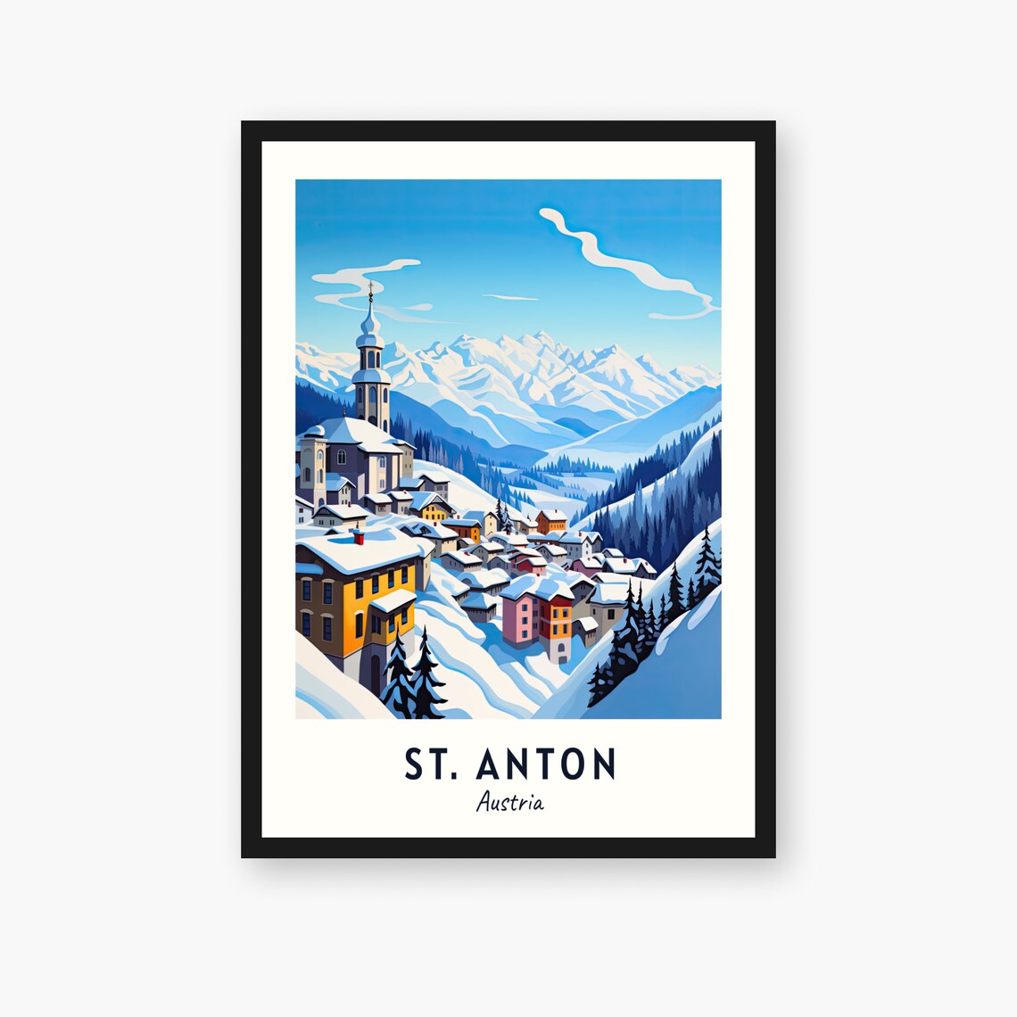 St. Anton Austria Snowy Mountain Village With Church Spire Poster
