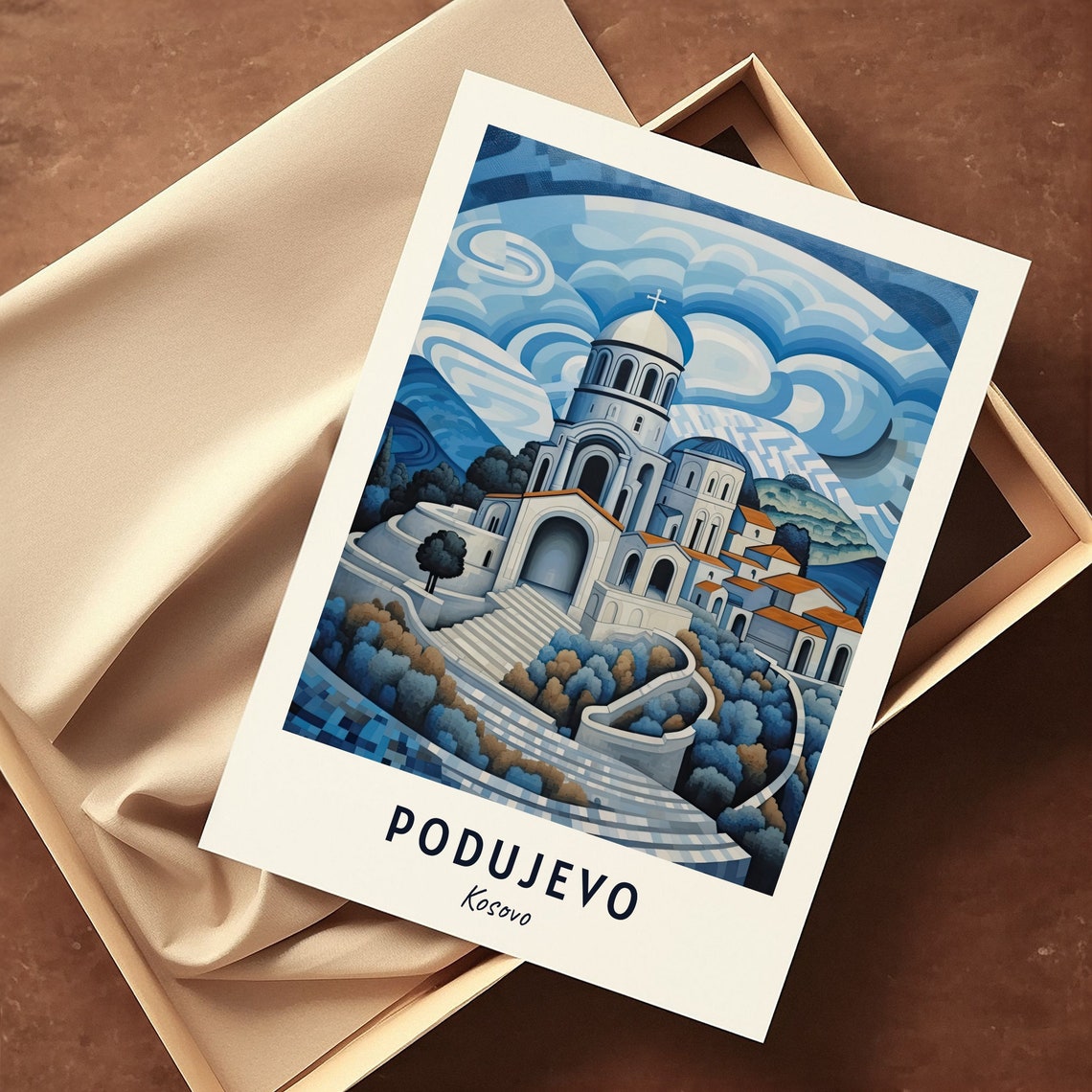 Podujevo Kosovo Hilltop Church Under Swirling Blue Sky Poster - Image 3
