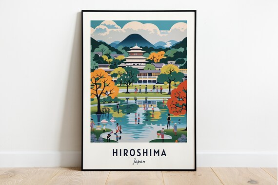 Historic Pagoda and Reflective Pond in Hiroshima Japan Travel Poster