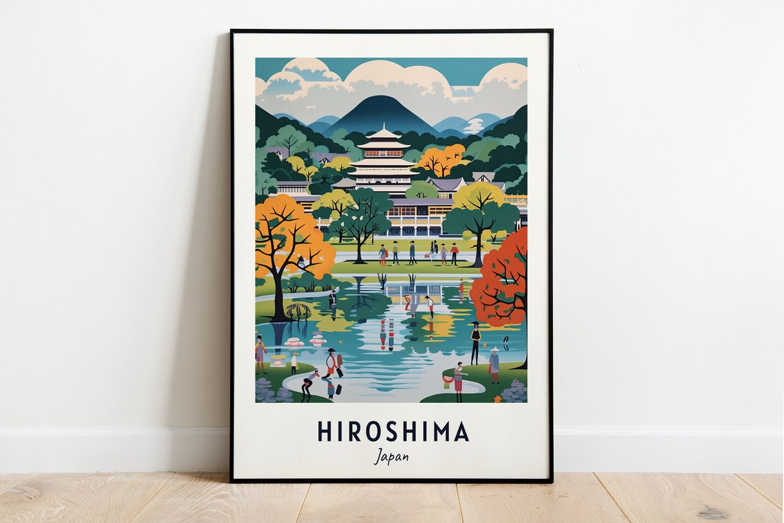 Historic Pagoda and Reflective Pond in Hiroshima Japan Travel Poster