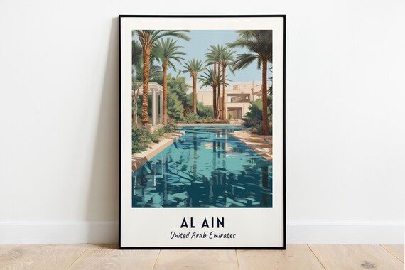 Al Ain Oasis Palm-Fringed Water Pool Illustration Travel Poster