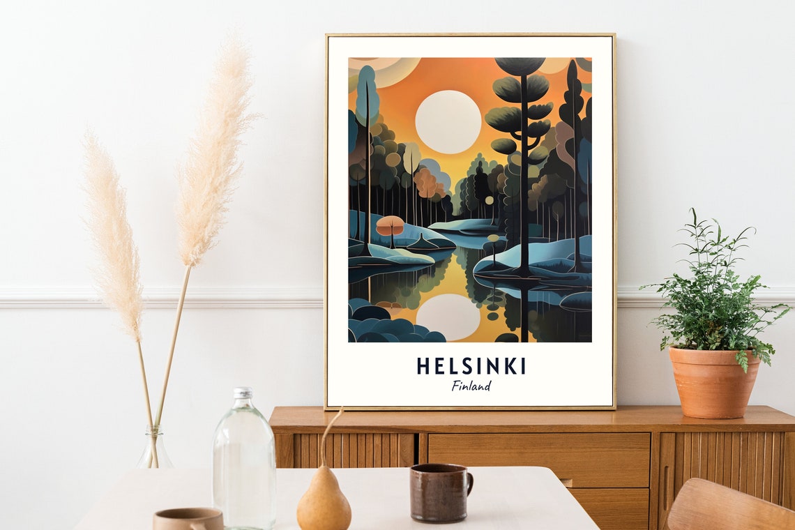 Helsinki Finland Forest Lake Orange Sunset Travel City Poster - Image 2