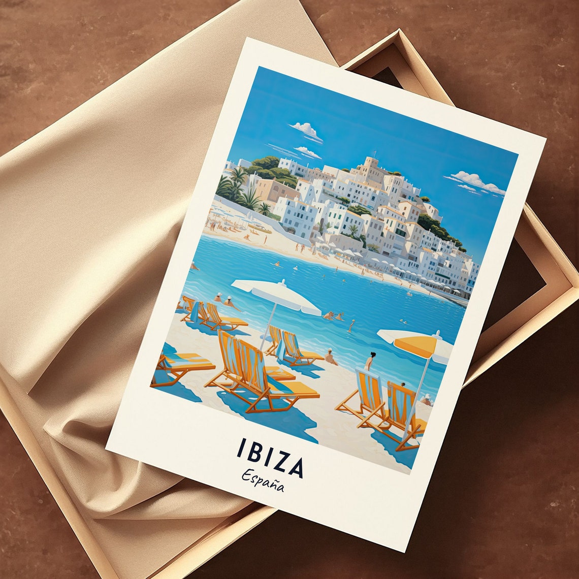 Ibiza Spain Sunny Beach Umbrellas Whitewashed Town Blue Sea Poster - Image 3
