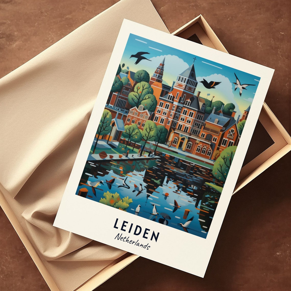 Leiden Netherlands Canal Historic Brick Building Travel Poster - Image 3