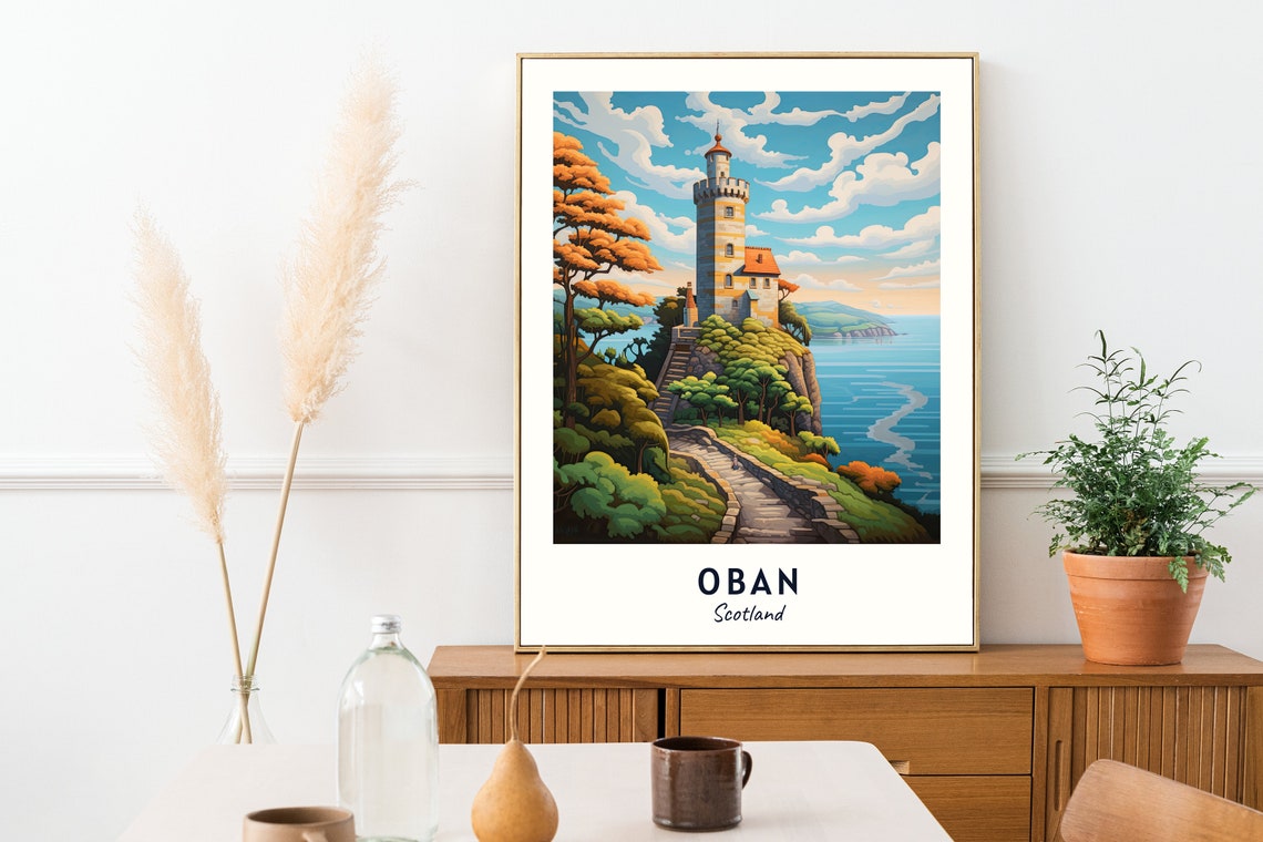 Oban Scotland Lighthouse Rocky Cliff Coastline Art Travel Poster - Image 2