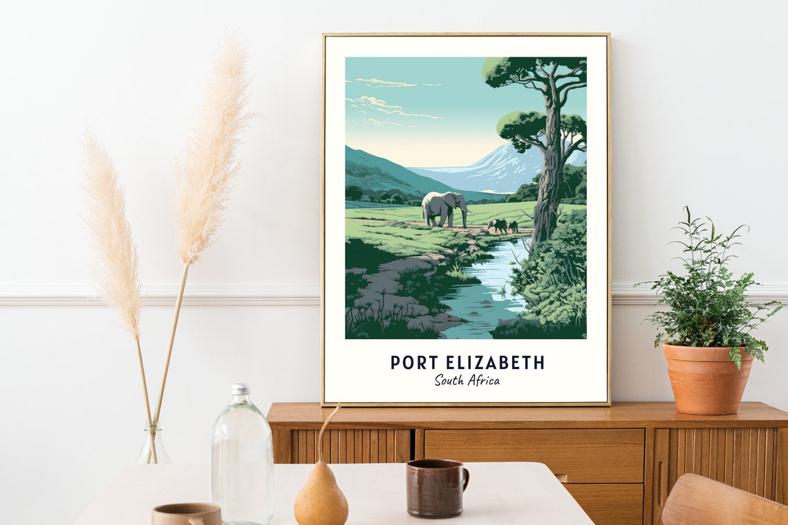 Port Elizabeth South Africa Elephants By River And Mountains Poster - Image 2