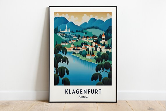 Klagenfurt Austria Lakeside Town Mountain View Travel Poster