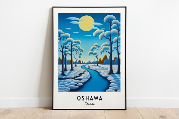 Oshawa Canada Moonlit Snowy Forest Stream Winter Art Travel Poster
